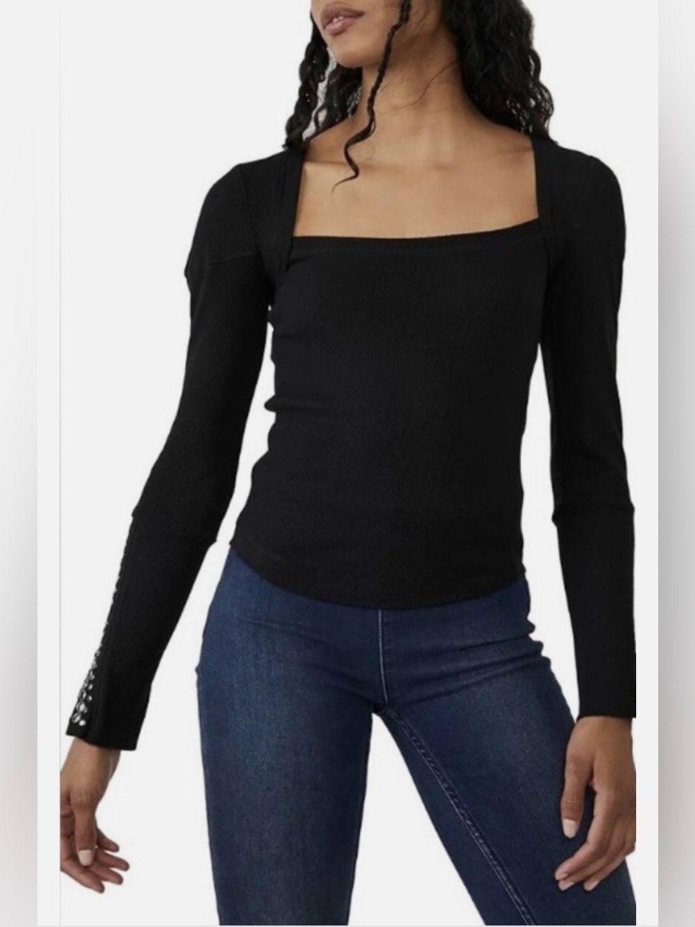 Free People A Little Unruly Black Waffle Stud Long Sleeve Ribbed Top Shirt L - Picture 10 of 15